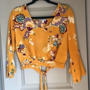Yellow Floral Paisley Blouse with flowy sleeves and tie up back